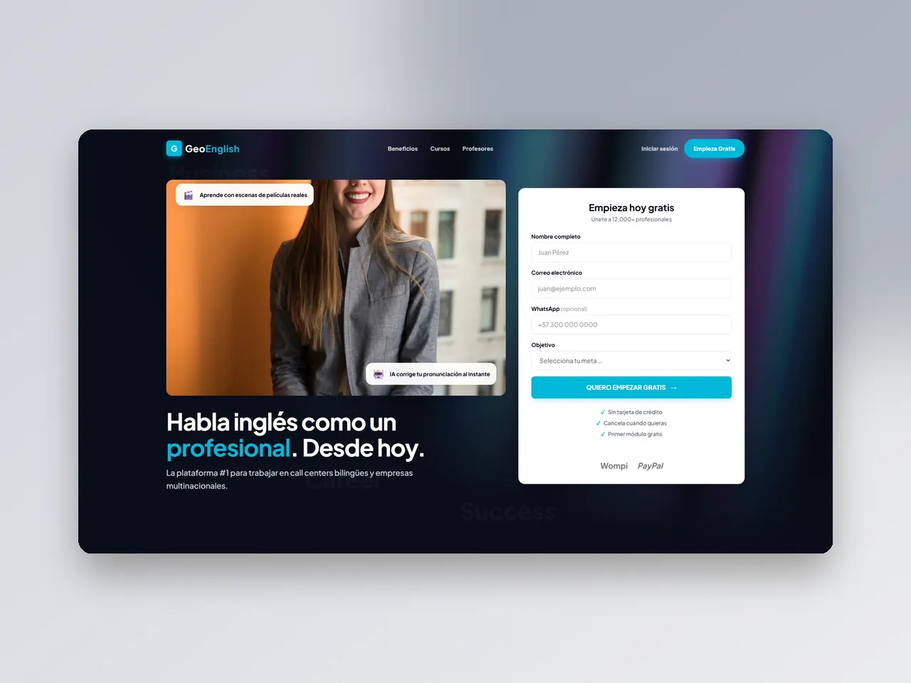 GeoEnglish: página de inicio de la plataforma de inglés con IA y formulario de registro