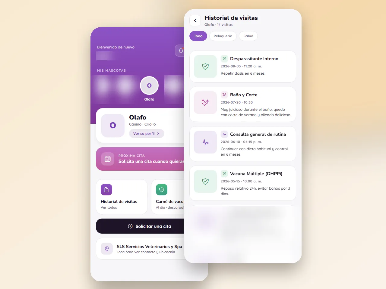 App móvil Lucky Pets: perfil de la mascota Olafo e historial de visitas en dos pantallas de celular