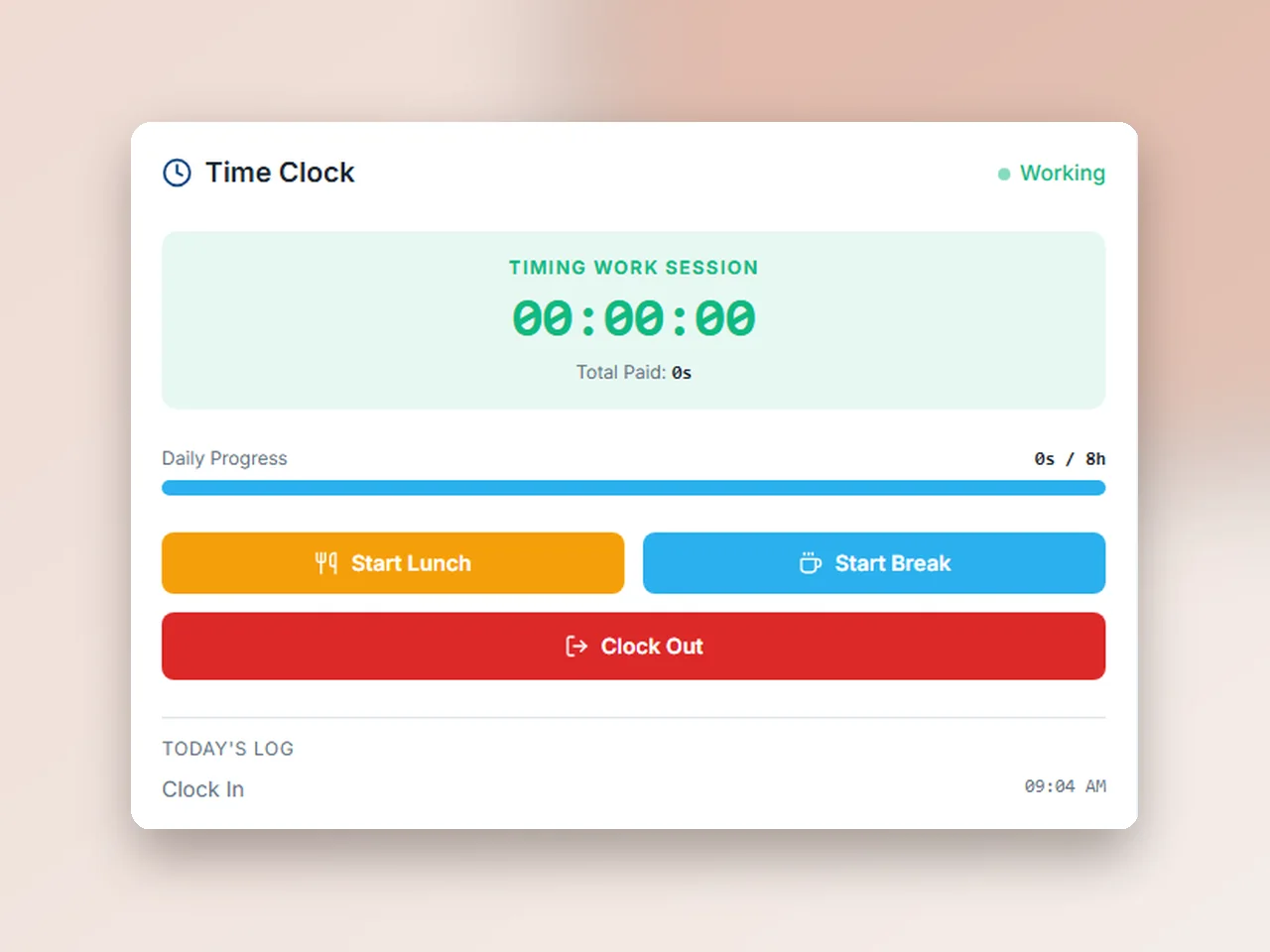 Trackly: reloj de entrada y salida con sesión de trabajo, progreso diario y botones de almuerzo y descanso